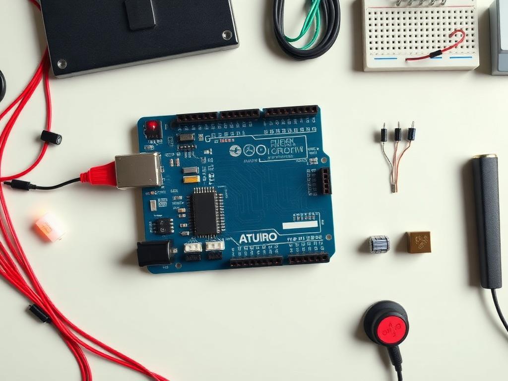 Arduino board with breadboard, LEDs and jumper wires laid out on a workbench