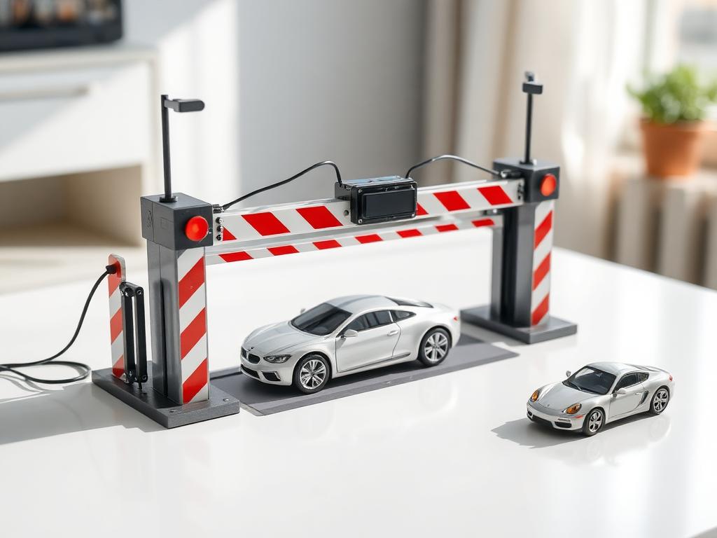 Model parking barrier gate with sensors and toy cars