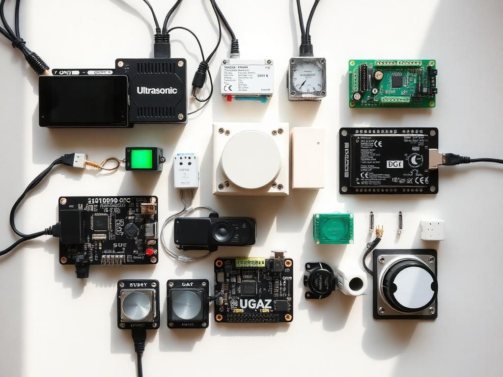 Assorted electronic sensor modules arranged on a light surface